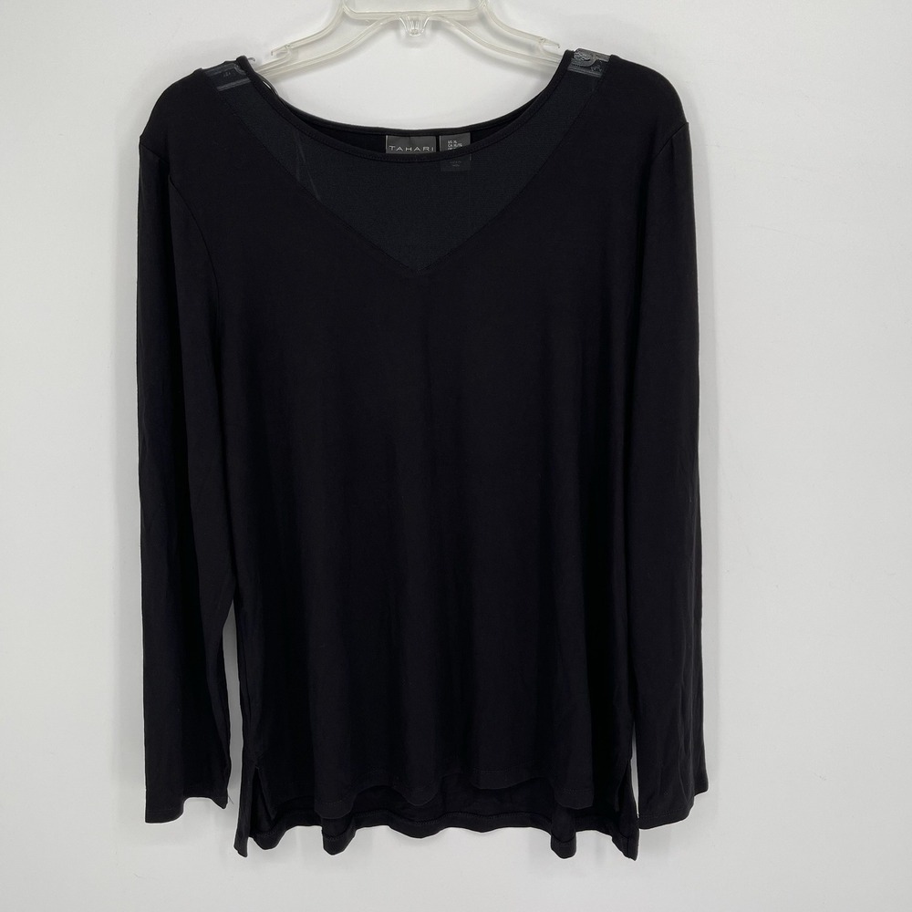 Tahari NWT Women's Black Mesh Trim Stretch Minimalist Long Sleeve Top‎ Size XL
